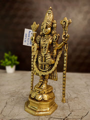 Antique Brass Lord Venkateswara Idol | Sri Balaji Srinivasa Statue with Shangu Chakra & Traditional Temple Detailing | 11 Inch Pooja Decor