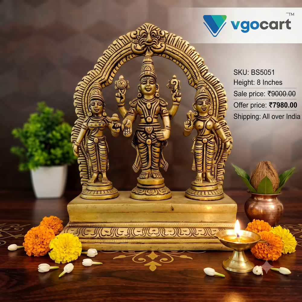 Handcrafted Brass Perumal with Sridevi Bhudevi | Lord Vishnu Goddess Trio Statue