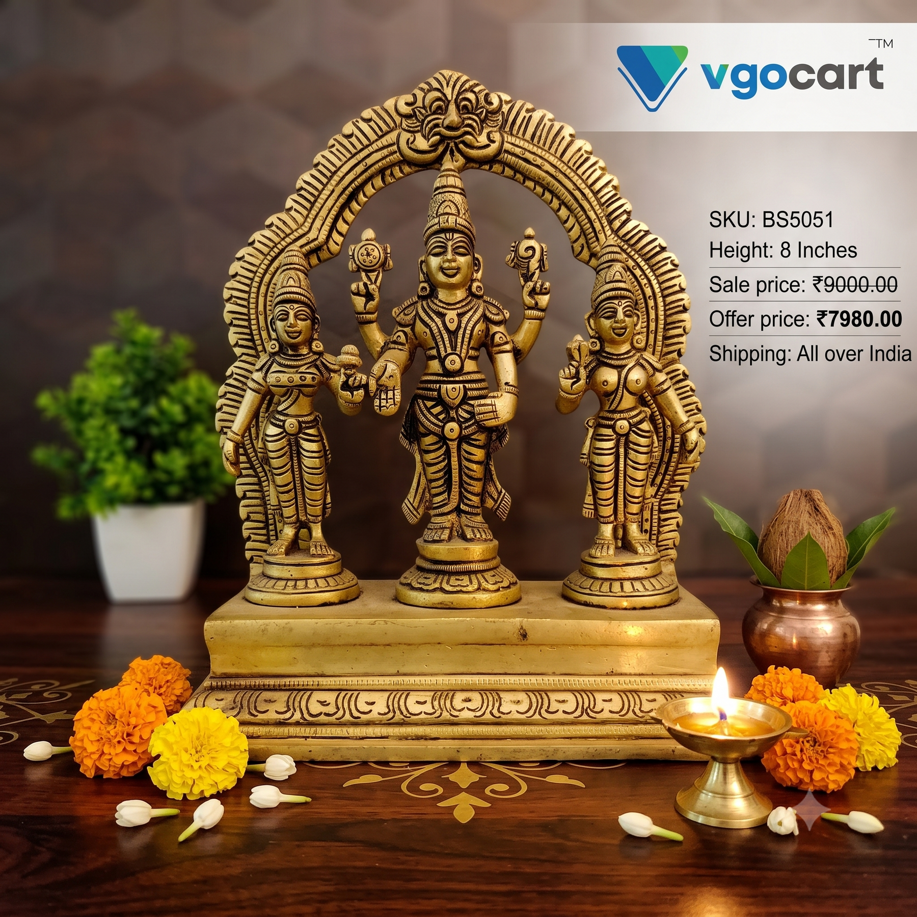 Handcrafted Brass Perumal with Sridevi Bhudevi | Lord Vishnu Goddess Trio Statue