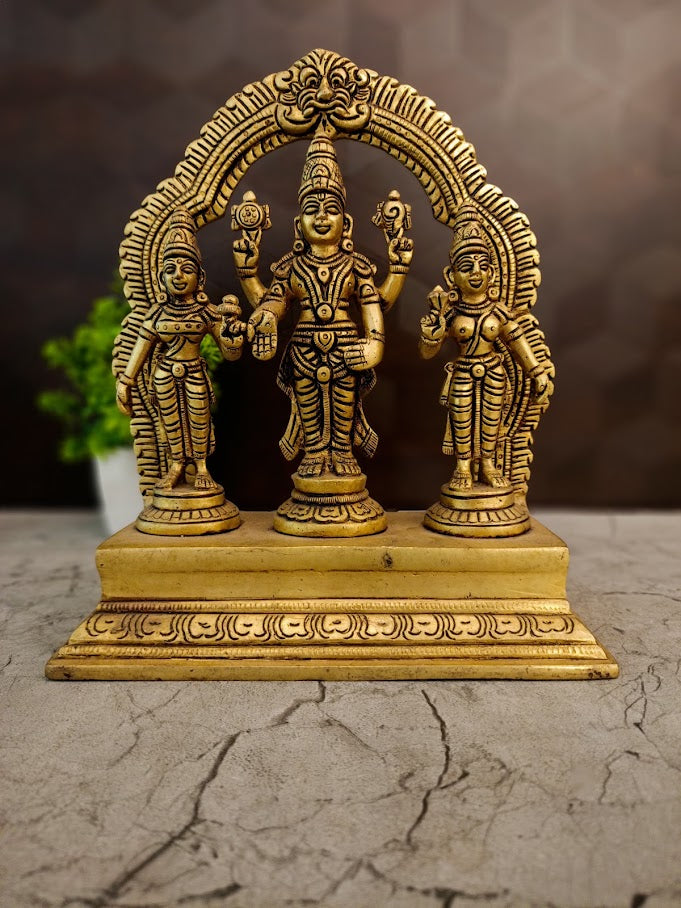 Handcrafted Brass Perumal with Sridevi Bhudevi | Lord Vishnu Goddess Trio Statue
