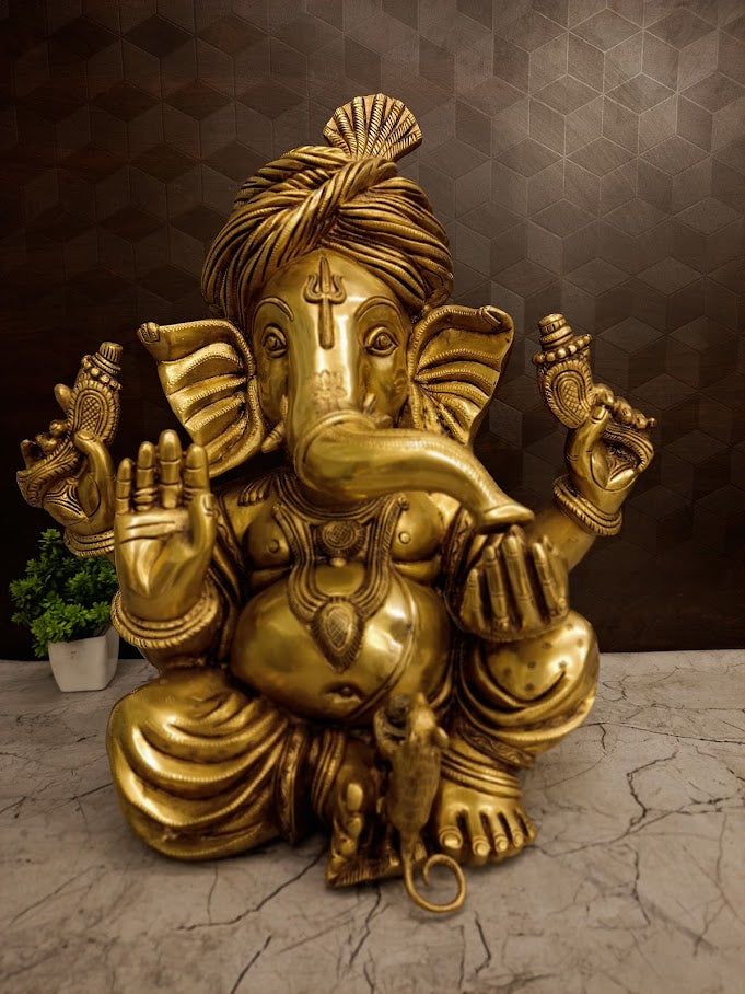 Premium Brass Pagadi Ganesha Idol | Grand Royal Turban Ganapati Statue for Vastu & Home Decor
