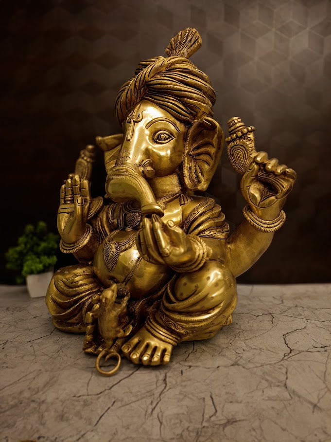 Premium Brass Pagadi Ganesha Idol | Grand Royal Turban Ganapati Statue for Vastu & Home Decor