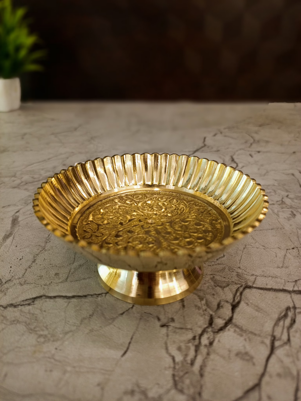 Elevated Brass Scalloped Pooja Plate | Premium Pedestal Offering Bowl for Vastu & Sacred Altar Decor