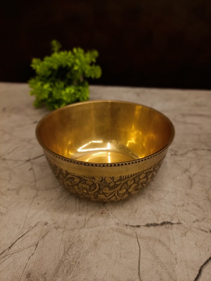 Premium Engraved Brass Pooja Bowl | Traditional Floral Embossed Vastu Katori for Mandir Offerings