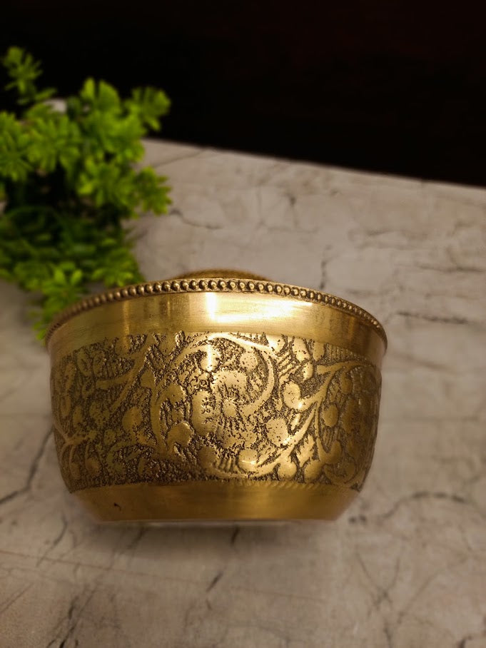 Premium Engraved Brass Pooja Bowl | Traditional Floral Embossed Vastu Katori for Mandir Offerings