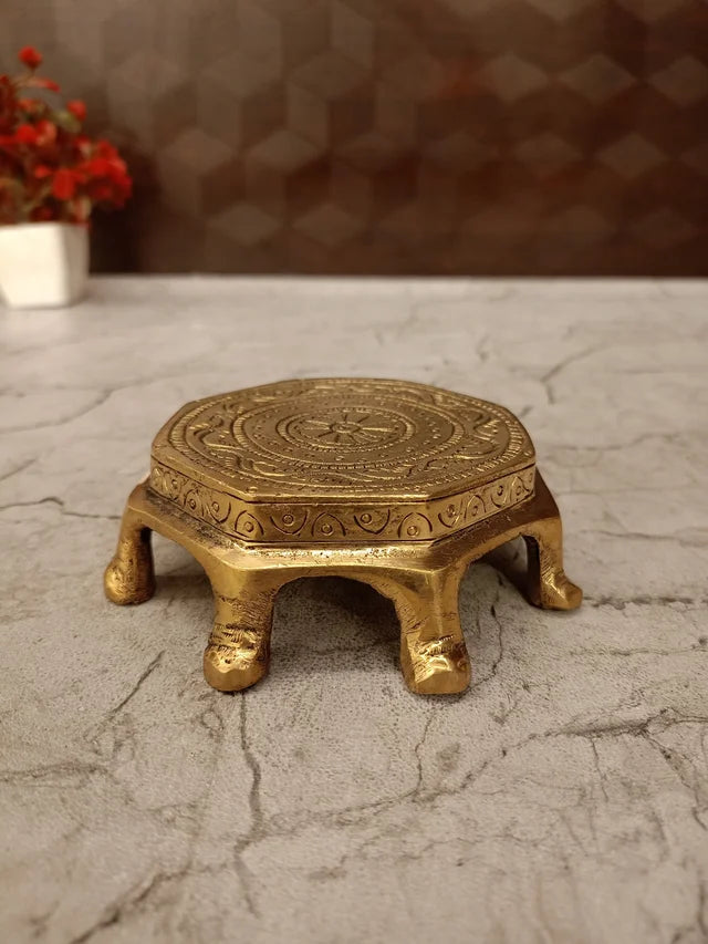 Premium Brass Hexagon Chowki | Majestic Shatkona Peetham Pedestal for Vastu & Luxury Mandir Decor