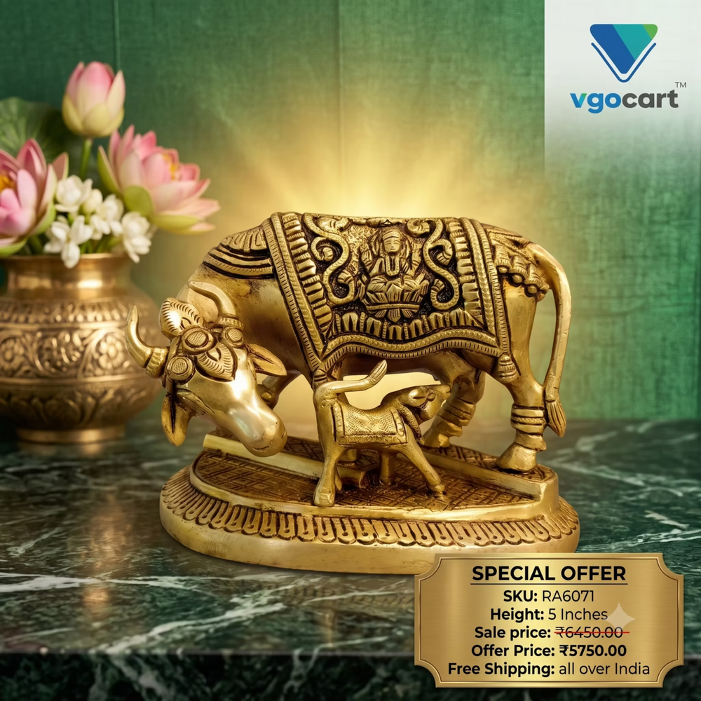 Antique Brass Kamadhenu Cow & Calf Idol | Traditional Sacred Cow Statue with Ornate Embossed Design | 5 Inch Pooja Room & Home Décor