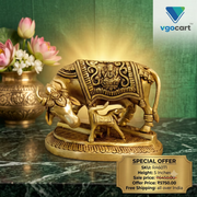 Antique Brass Kamadhenu Cow & Calf Idol | Traditional Sacred Cow Statue with Ornate Embossed Design | 5 Inch Pooja Room & Home Décor