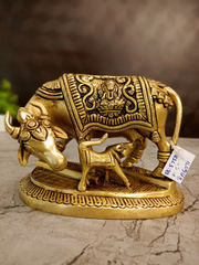Antique Brass Kamadhenu Cow & Calf Idol | Traditional Sacred Cow Statue with Ornate Embossed Design | 5 Inch Pooja Room & Home Décor