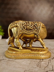 Antique Brass Kamadhenu Cow & Calf Idol | Traditional Sacred Cow Statue with Ornate Embossed Design | 5 Inch Pooja Room & Home Décor