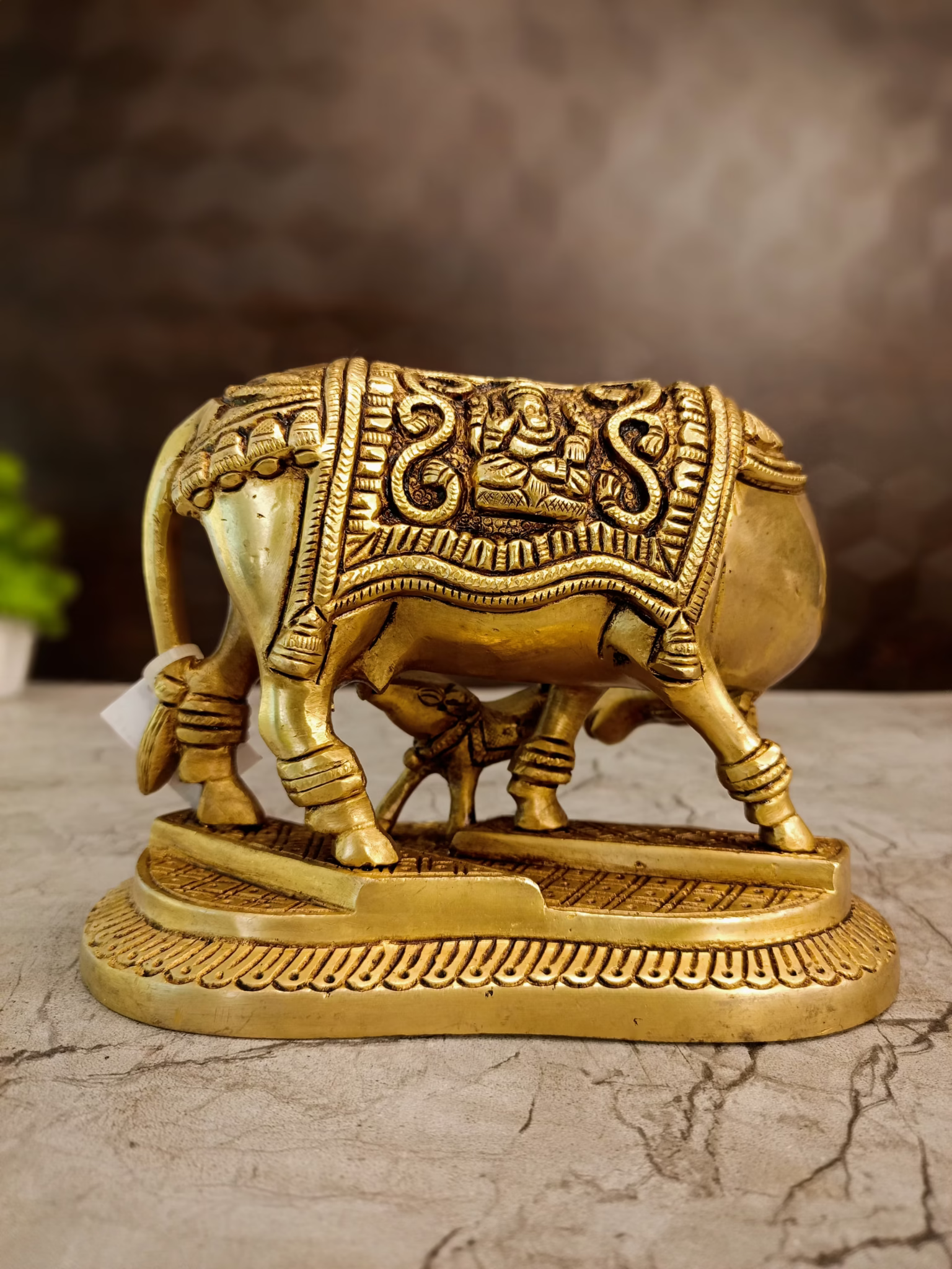 Antique Brass Kamadhenu Cow & Calf Idol | Traditional Sacred Cow Statue with Ornate Embossed Design | 5 Inch Pooja Room & Home Décor
