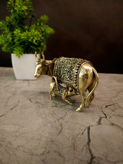 Premium Antique Brass Fine Art Cow And Calf Idol For Vastu Wealth And Home Decor