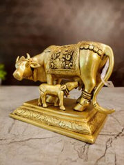 Antique Brass Cow & Calf Idol | Traditional Kamadhenu Brass Statue with Ornate Embossed Design | 5 Inch Pooja & Home Décor