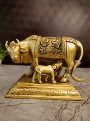 Antique Brass Cow & Calf Idol | Traditional Kamadhenu Brass Statue with Ornate Embossed Design | 5 Inch Pooja & Home Décor