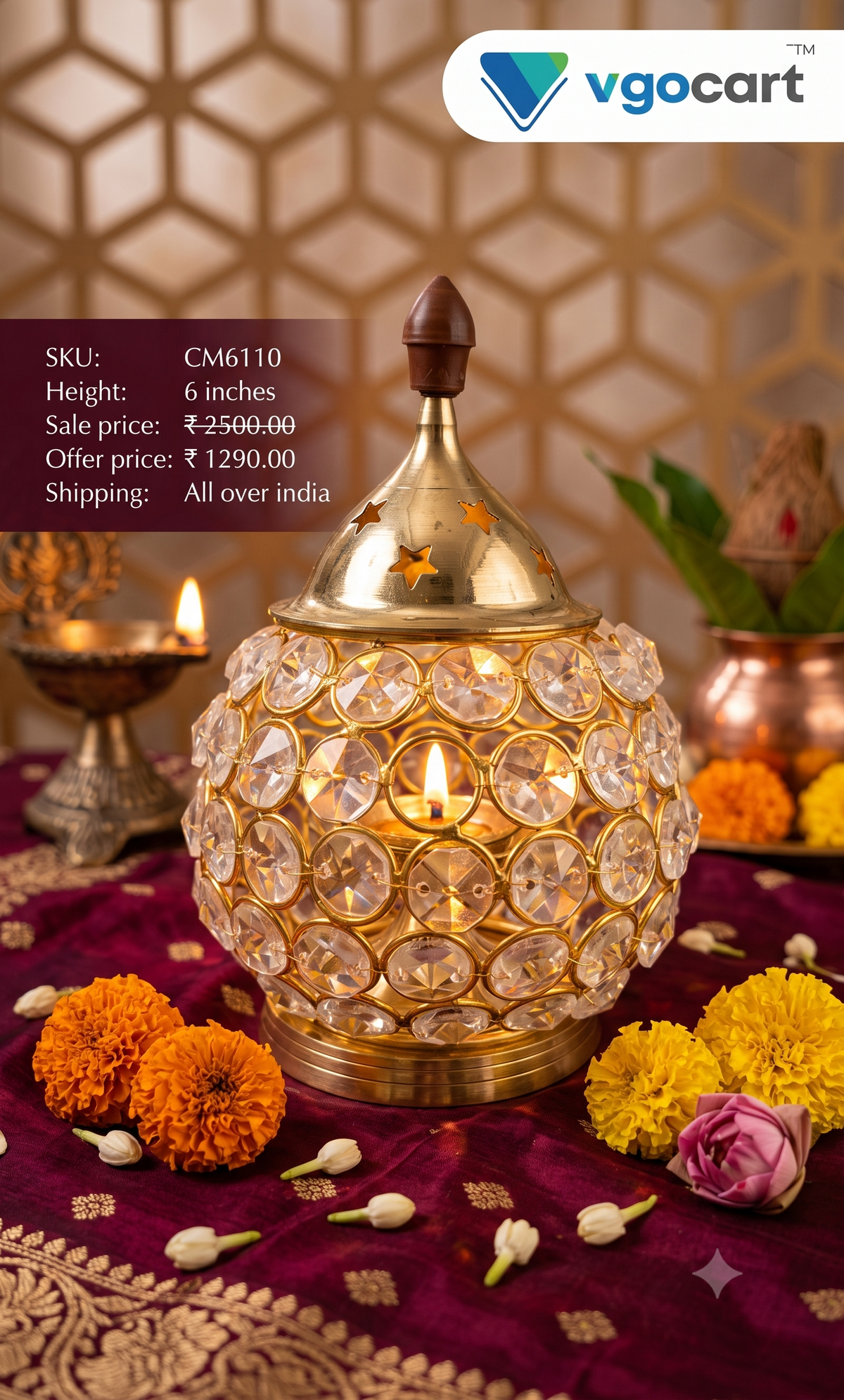 Premium Small Brass Crystal Deepam | Radiant Akhand Jyoti Diya for Vastu & Luxury Mandir Decor