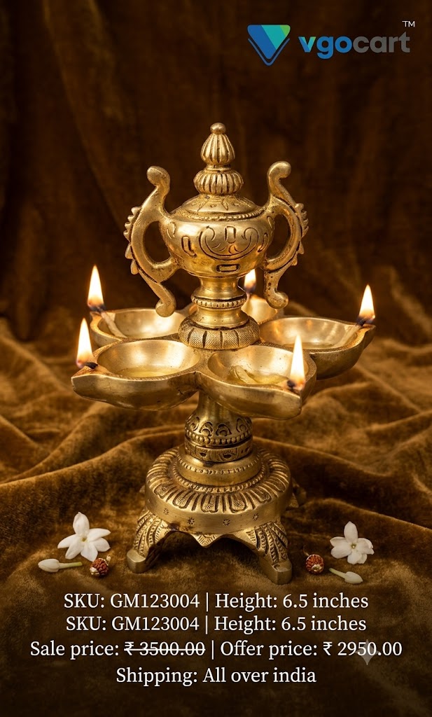 Premium Brass Kalash Panchamukhi Diya | Ornate 5-Face Standing Lamp for Vastu & Temple Pooja
