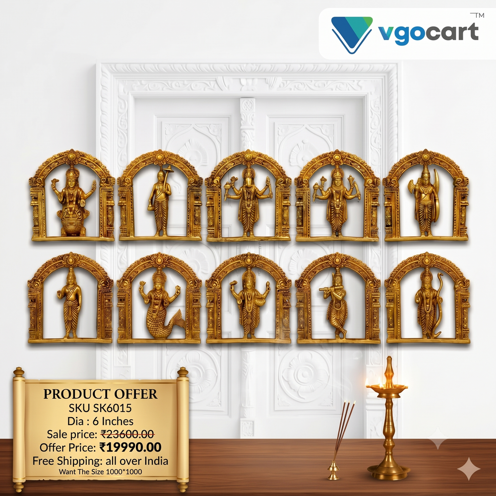 Premium Brass Dhasavatharam Wall Mount Set | Epic Ten Avatars of Vishnu for Vastu & Heritage Wall Decor