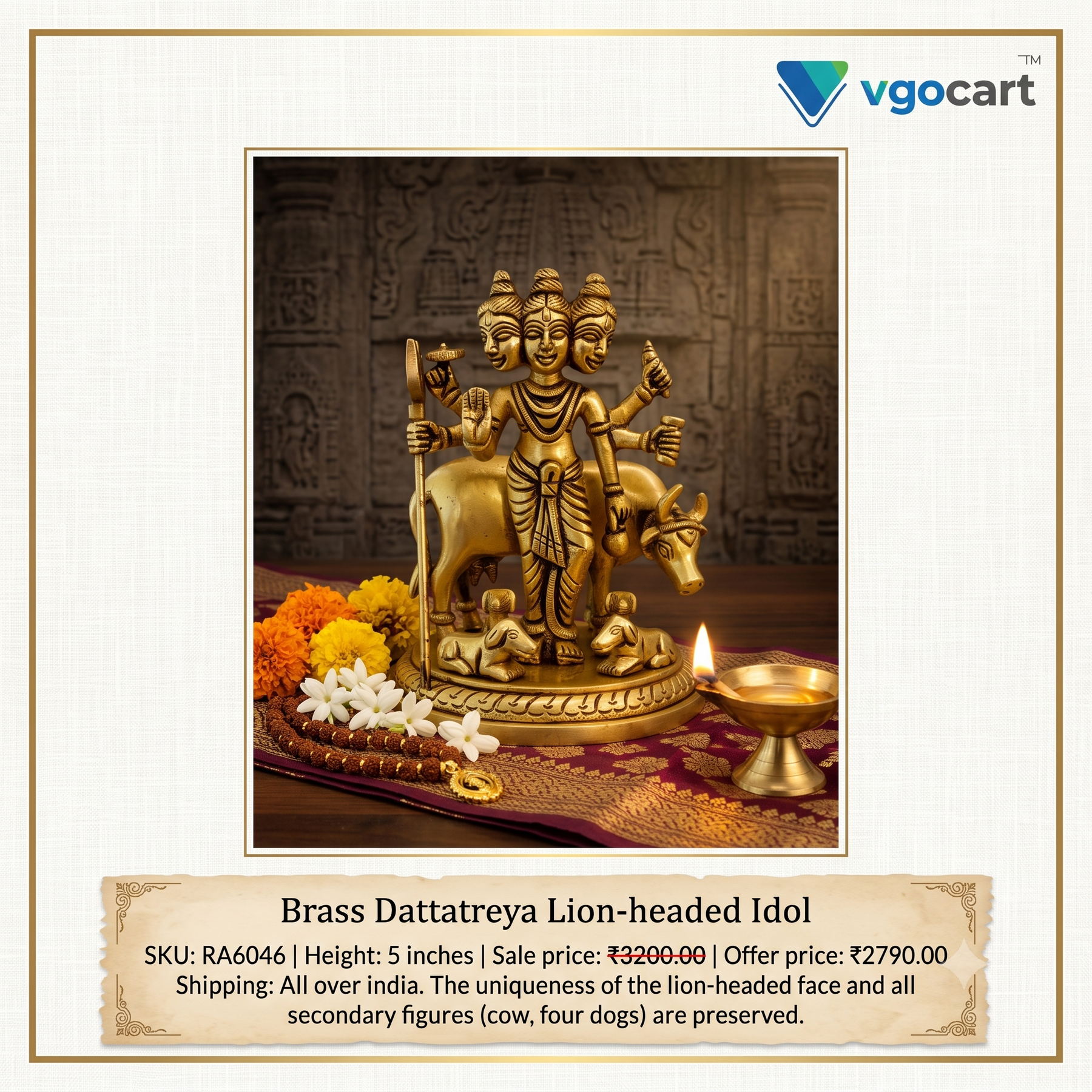 Premium Brass Dattatreya Idol | Divine Trimurti Avatar Statue for Pooja & Vastu Harmony