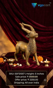 Tribal-Etched Brass Standing Deer | Antique Gazelle Figurine for Vastu & Luxury Office Decor