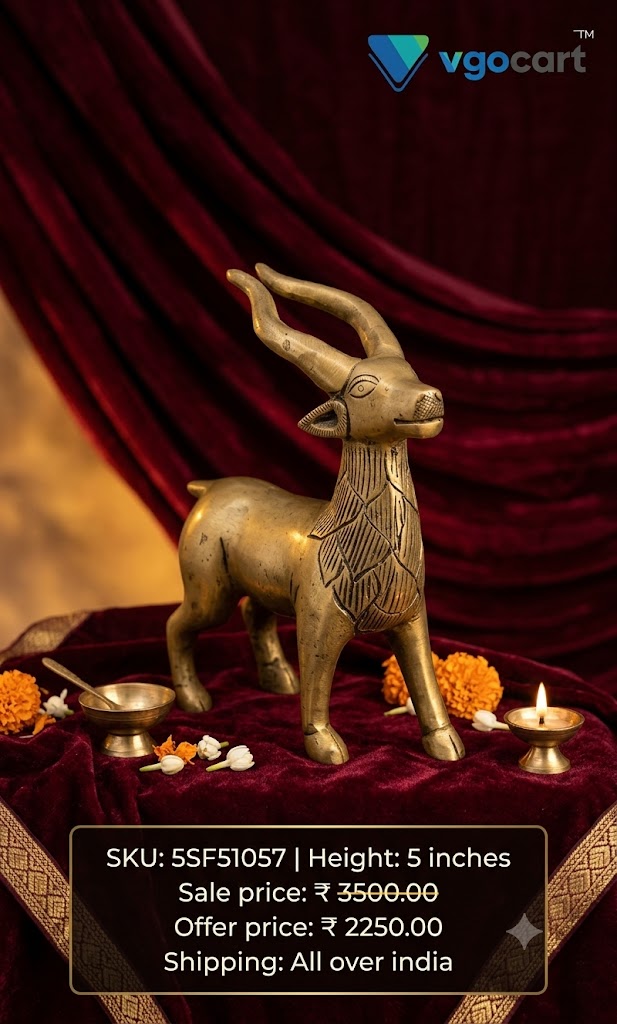 Tribal-Etched Brass Standing Deer | Antique Gazelle Figurine for Vastu & Luxury Office Decor