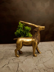 Tribal-Etched Brass Standing Deer | Antique Gazelle Figurine for Vastu & Luxury Office Decor