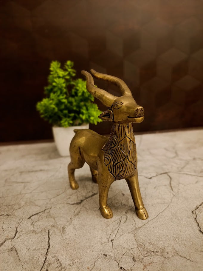 Tribal-Etched Brass Standing Deer | Antique Gazelle Figurine for Vastu & Luxury Office Decor