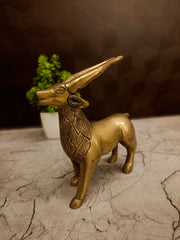 Tribal-Etched Brass Standing Deer | Antique Gazelle Figurine for Vastu & Luxury Office Decor