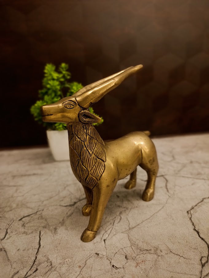 Tribal-Etched Brass Standing Deer | Antique Gazelle Figurine for Vastu & Luxury Office Decor