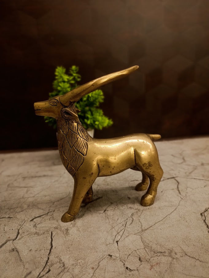 Tribal-Etched Brass Standing Deer | Antique Gazelle Figurine for Vastu & Luxury Office Decor