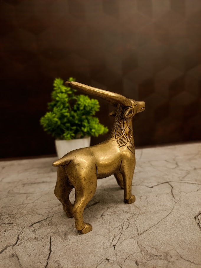 Tribal-Etched Brass Standing Deer | Antique Gazelle Figurine for Vastu & Luxury Office Decor