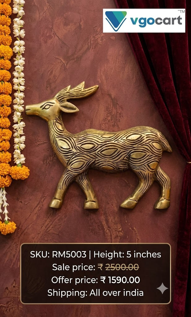 Exquisite Brass Engraved Deer Wall Mount | Antique Stylized Stag Sculpture for Vastu & Luxury Living Decor