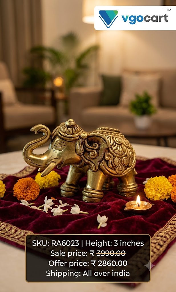 Ornate Royal Brass Elephant Figurine | Antique Deep-Relief Gajraj with Raised Trunk for Vastu & Heritage Decor