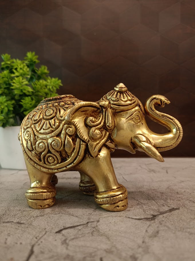 Ornate Royal Brass Elephant Figurine | Antique Deep-Relief Gajraj with Raised Trunk for Vastu & Heritage Decor