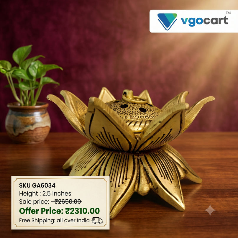 Premium Brass Blooming Lotus Dhoop Holder | Sacred Padma Sambrani Burner for Vastu & Zen Decor