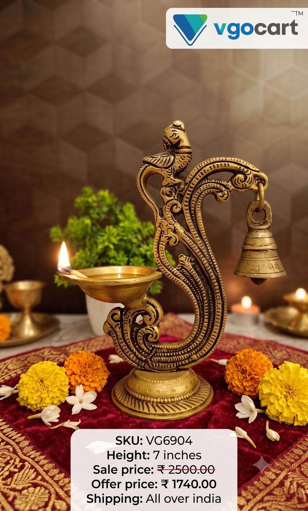 Premium Fine Art Brass Aarti Diya with Bell | Sacred Nada Deepam for Vastu & Multisensory Devotion