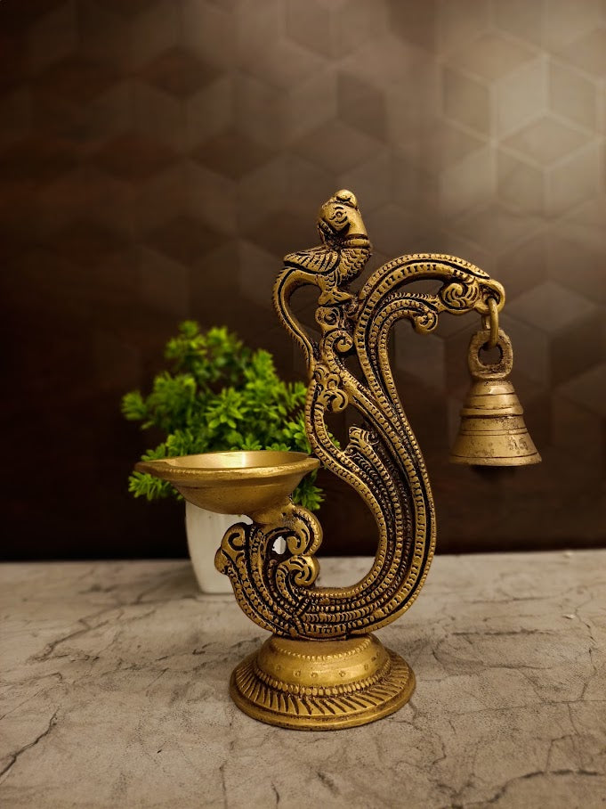 Premium Fine Art Brass Aarti Diya with Bell | Sacred Nada Deepam for Vastu & Multisensory Devotion