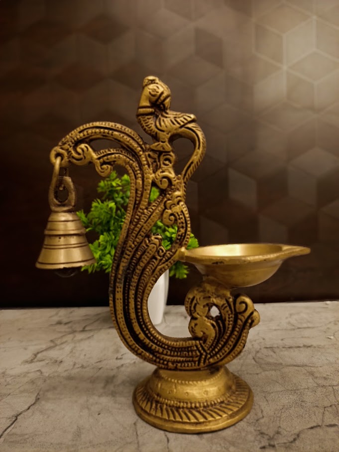 Premium Fine Art Brass Aarti Diya with Bell | Sacred Nada Deepam for Vastu & Multisensory Devotion