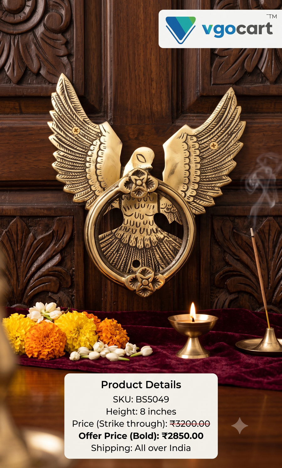 Premium Antique Brass Eagle Door Knocker | Majestic Garuda Door Ring for Vastu Protection & Entrance Decor
