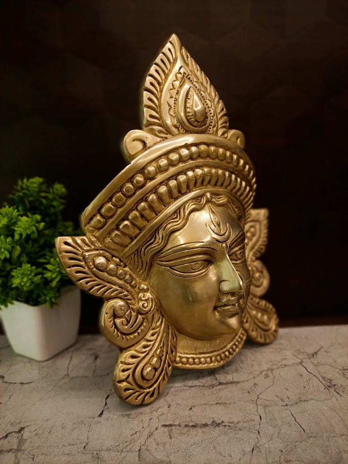 Divine Brass Durgai Amman Face Wall Hanging | Antique Durga Mata Mask for Vastu & South Indian Entryway Decor