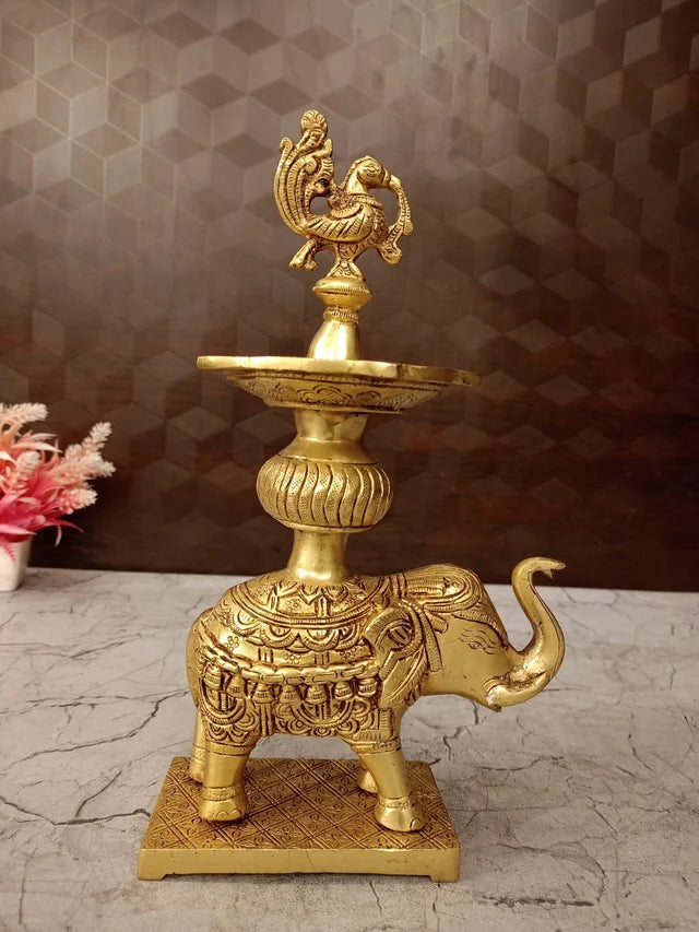Premium Brass Elephant with Annam 5-Face Diya | Majestic Panchamukhi Gaja Vilakku for Vastu & Royal Heritage Decor