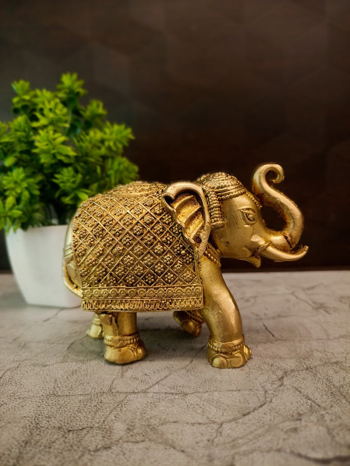 Exquisite Brass Royal Elephant with Lattice Saddle | Vastu Gajraj for Wealth & Luxury Home Decor