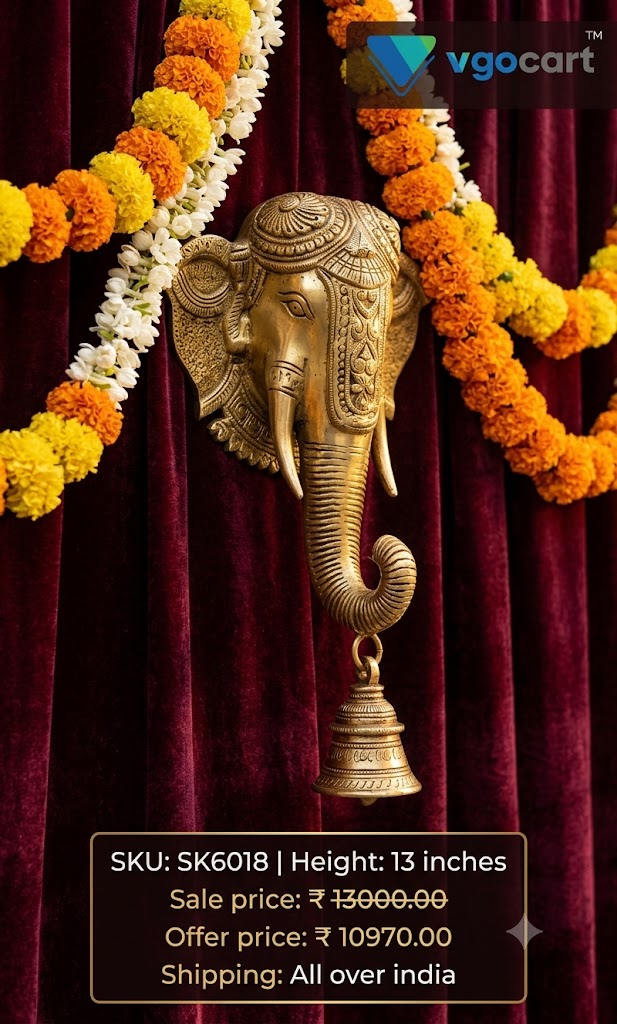 Regal Brass Elephant Head Wall Mount with Hanging Bell | Antique Vastu Gajraj Chime for South Indian Doorway & Temple Decor