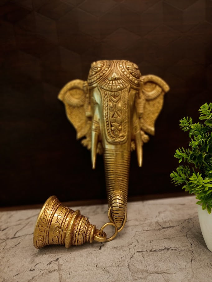 Regal Brass Elephant Head Wall Mount with Hanging Bell | Antique Vastu Gajraj Chime for South Indian Doorway & Temple Decor