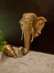 Regal Brass Elephant Head Wall Mount with Hanging Bell | Antique Vastu Gajraj Chime for South Indian Doorway & Temple Decor