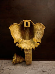Regal Brass Elephant Head Wall Mount with Hanging Bell | Antique Vastu Gajraj Chime for South Indian Doorway & Temple Decor