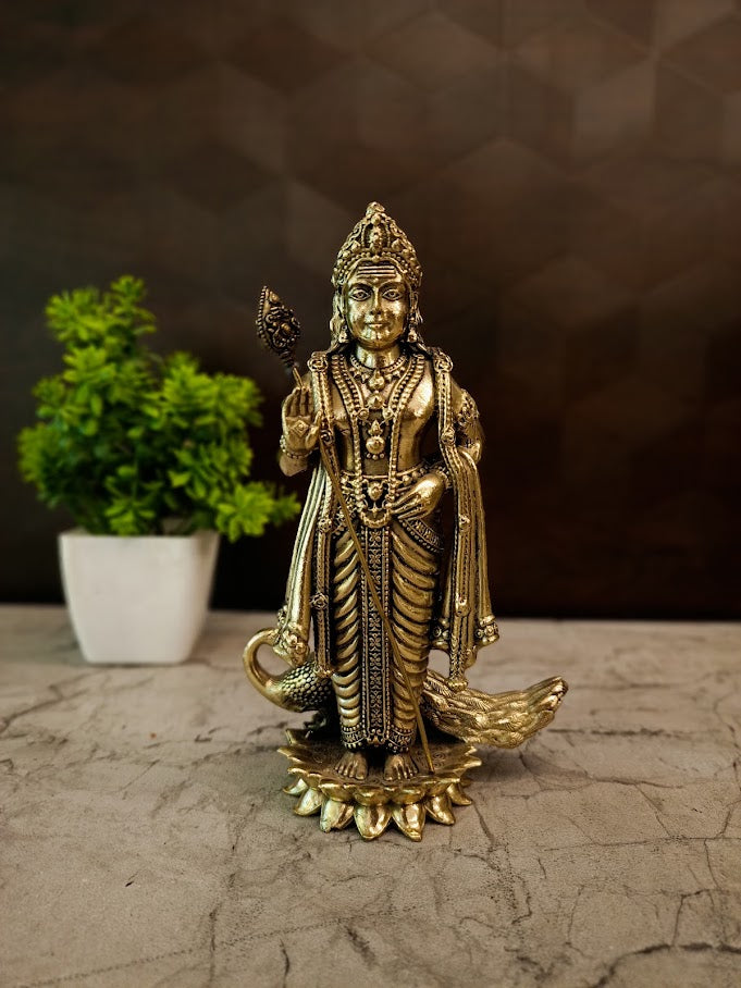 Premium Fine Art Brass Lord Murugan Idol | Majestic Karthikeya Statue for Vastu, Valor & Heritage Decor