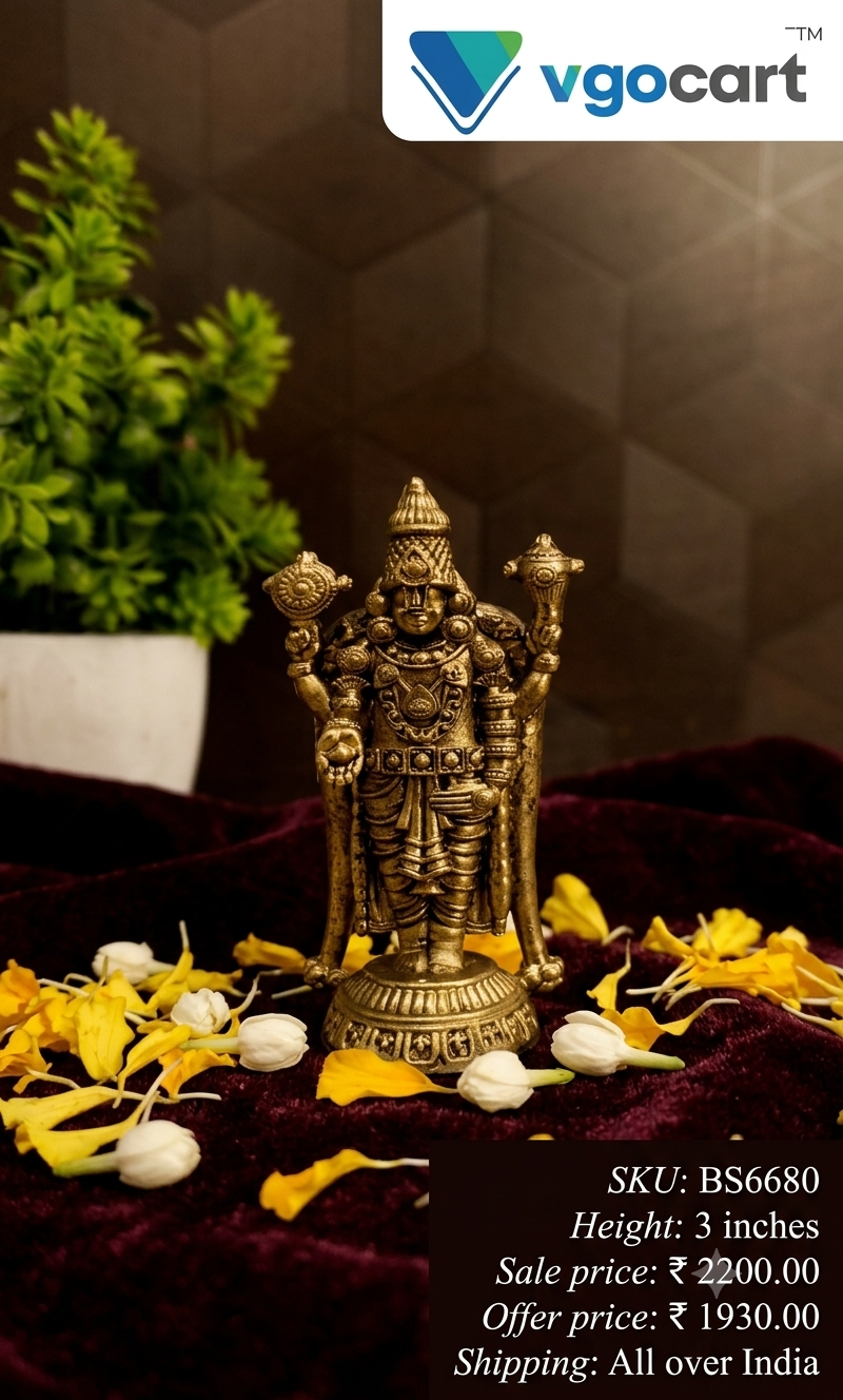 Premium Brass Fine Art Balaji Idol | Majestic Tirupati Venkateshwara Statue for Pooja & Vastu Wealth