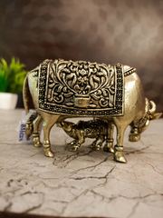 Antique Brass Cow & Calf Idol | Traditional Kamadhenu Brass Statue with Ornate Embossed Design | 2.5 Inch Pooja & Home Decor