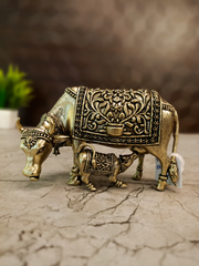 Antique Brass Cow & Calf Idol | Traditional Kamadhenu Brass Statue with Ornate Embossed Design | 2.5 Inch Pooja & Home Decor
