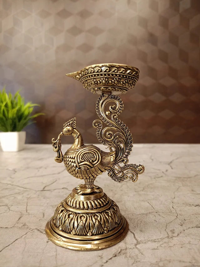 Premium Fine Art Brass Peacock Holding Diya | Majestic Mayil Deepam for Vastu & Luxury Heritage Decor